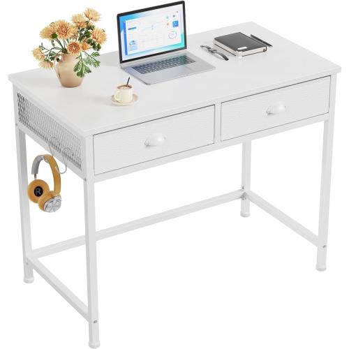 Furologee White Small Computer Desk with 2 Fabric Drawers for Bedroom,34 Inch Simple Home Office Writing Desk, Vanity Desk with Hooks, Study Table for Adults Student Small Spaces
