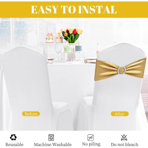 100 PCS Spandex Chair Sashes Bows Premium Stretch Chair Cover Band with Buckle Slider Universal Elastic Chair Ties for Wedding Party Ceremony Events Reception Banquet Decoration (Metallic Gold)