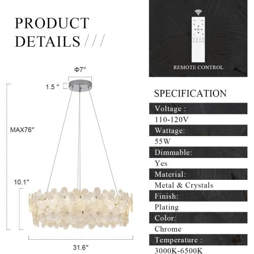 32'' Flower LED Chandelier Large Luxury Crystal Light Fixture Chrome Dimmable Modern Chandeliers Light with Remote Control for High Ceiling Foyer Living Room Bedroom Entryway(3000K-6500K)