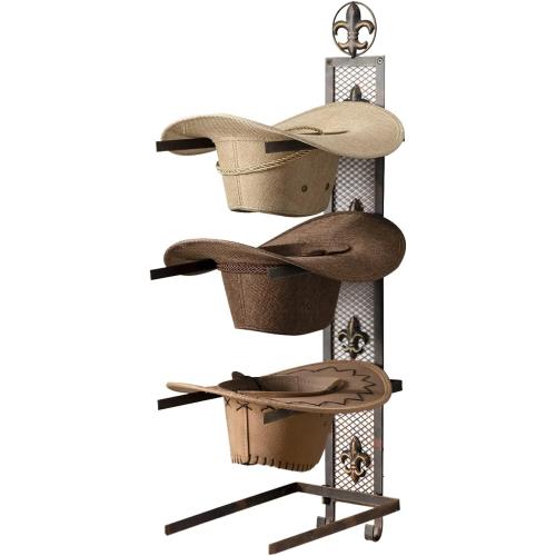 Size 13.8x32.6 Color brown Cowboy Hat Rack for Wall, Metal Fleur-De-Lis Cowboy Hat Holder for 4 Hats, Vertical Western Hat Rack Wall Mount, Rustic Fold-Up Wall Hanging Decorative Hat Racks, 13.8”W x 32.6”H