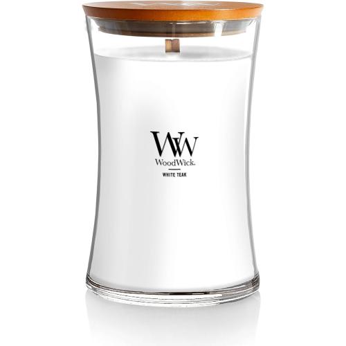 WoodWick Large Hourglass Candle in White Teak Premium Soy Blend Wax with Crackling Pluswick Innovation Wood Wick