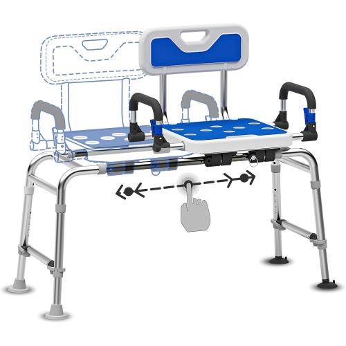 Sliding Shower Chair with Arms and Back, 500lbs Tub Transfer Benches with Non Slip Aluminum Body and Suction Cups Adjustable Height Bath Seats for Seniros Elderly Disabled or Bariatric Adults