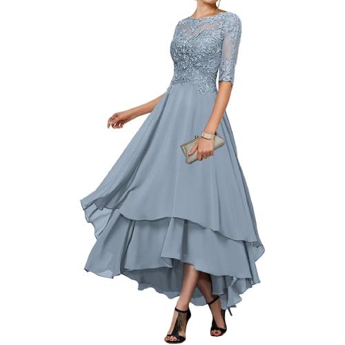 Size L....Geforsp Tea Length Mother of The Bride Dresses for Women with Sleeves Tiered Chiffon Lace Evening Formal Party Gown