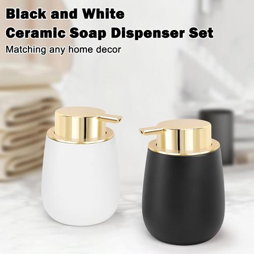 Ceramic Soap Dispenser, Refillable Dish Soap Pump Dispenser, Hand Soap Dispenser for Kitchen Sink Bathroom Counter, Modern Stylish Design (Black & White)