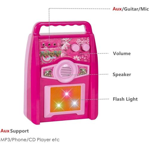 Willbebest Kids Karaoke Microphone & Guitar Set - Electric Guitar with Microphone Amplifier for Boys & Girls (Pink)