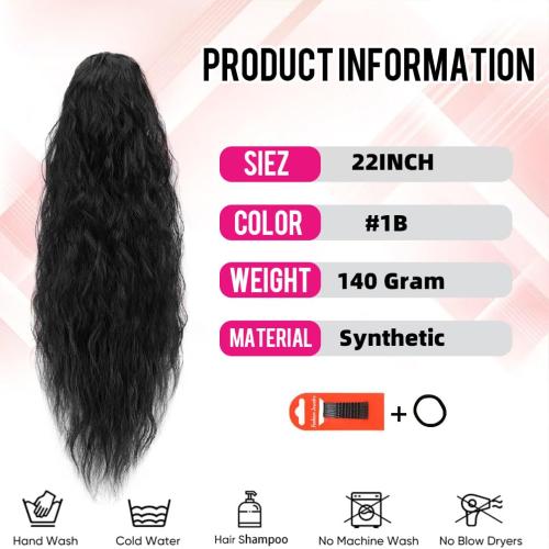 rosmile Corn Wave Drawstring Ponytail 140 Grams Natural Black Wave Ponytail Clip in Extension 22 Inches Synthetic Corn Curly Wave Ponytail for Black Women(1B,Natural Black)