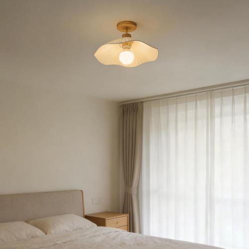 Flower Ceiling Light for Hallway,Semi Flush Mount Ceiling Light with Fabric Shade,Modern Ceiling Light Fixture with Wooden Base for Bedroom, Porch, Entryway(15.7 Inch)