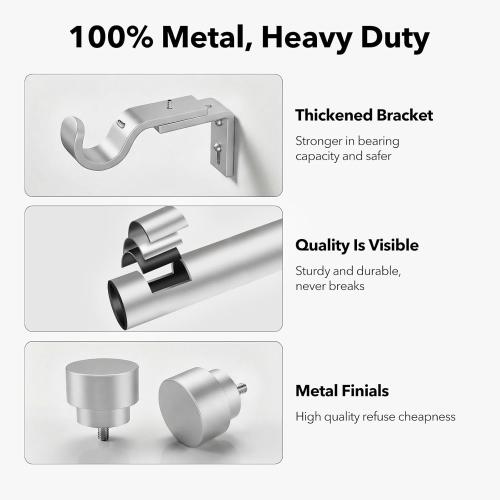 Heavy Duty Curtain Rods for Windows 66 to 120 Inch, 1 Inch Silver Window Curtain Rod for Bedroom, Living Room, Outdoor, Adjustable Easy Install Long Modern Curtain Rods(A1,Silver,30-120)