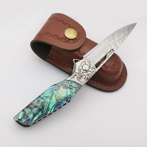 Pocket Knife Damascus Steel Blade, Abalone Shell Handle, Ball Bearing Pivot, Sheath & Pocket Clip for Everyday and Outdoor Camping EDC tool Excellent Gift