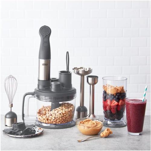 Dash Chef Series Deluxe Immersion Hand Blender Set, 5 Speed, 330W with Food Processor, Whisk, Masher & Dough Hook Attachments, Stainless Steel Blades for Soups, Sauces, Smoothies & Purées - Cool Grey