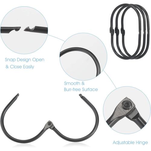 Goowin Shower Curtain Rings, 12 Pcs Shower Curtain Hooks, Oval Snap Shower Rings for Curtain, Metal Black Shower Curtain Rings Rust Proof, Glide Smoothly Shower Hooks for Shower Curtain Rod (Black)