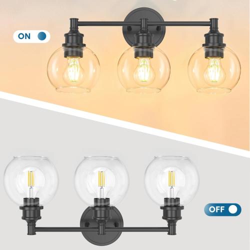 Bathroom Light Fixtures, 3-Light Matte Black Vanity Light Globe Glass Shades, Bathroom Lighting Fixtures Over Mirror, Wall Sconces for Master Bathroom, Guest Bathroom, Powder Room, 20-inch