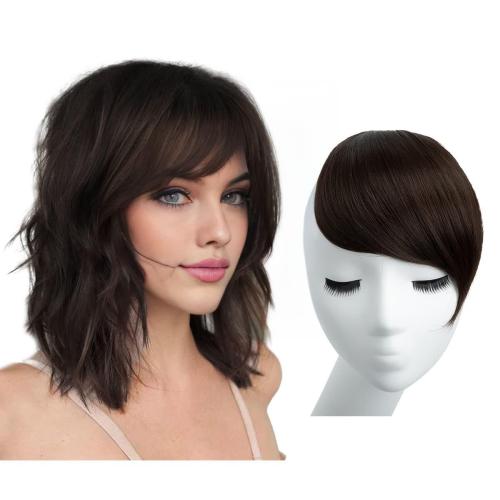 SARLA Side Bangs Dark Brown Clip in Synthetic Hair Pieces Straight Fake Bangs Extensions for Women