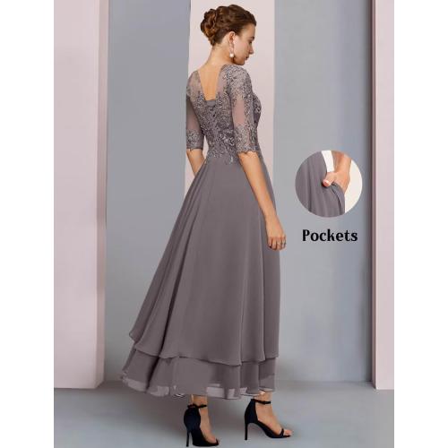 Size L....Geforsp Tea Length Mother of The Bride Dresses for Women with Sleeves Tiered Chiffon Lace Evening Formal Party Gown
