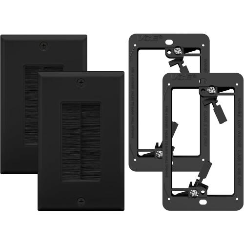 VCE Brush Wall Plate with Bracket, Cable Pass Through Insert Single Gang Decorator Wall Cover for Low Voltage Cables, Cord Hider for Wall Mount TV, Home Theater System, Black (2-Pack)