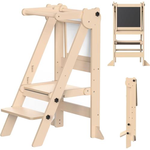 Foldable Toddler Tower, Wooden Toddler Kitchen Stool with 3 Adjustable Heights and Removable White/Blackboard, Montessori Foldable Learning Tower Kitchen Stool, Natural Wood
