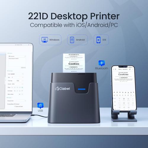 CLABEL Desktop Barcode Label Printer: 221D Bluetooth Label Maker with Direct Thermal Printing, 2 Inch Print Width for Barcodes Address Office Warehouse with 1 Roll Label