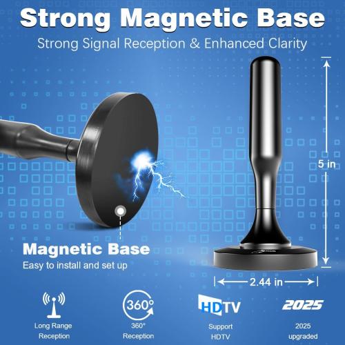 HIDB TV Antenna for Smart TV Indoor, Digital Indoor HD Antennas with Strong Magnetic Base, Easy Installation, Long Range Reception for Local Channels 4K 1080P, 10ft Long Cables (Black)