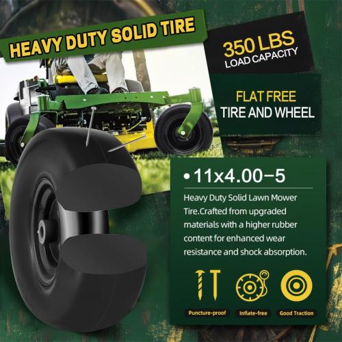 Black 11x4.00-5 Flat Free Tire and Wheel (2 Pack),Universal 11x4-5 Solid Smooth Tractor Turf Tire with Rim, 3.4 Centered Hub and 3/4 & 5/8 Bushing, For Zero Turn Mowers and Riding Lawn Mower