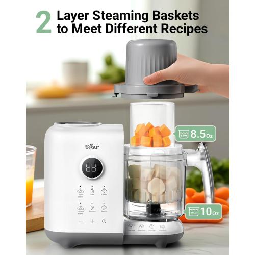 Bear Baby Food Maker with 18.5oz Dual-Layer Steam Baskets, OneStep Baby Food Processor Steamer Puree Blender Grinder Mills, Auto Cooking Grinding&Sterili-zing for Healthy Homemade Baby Food, BPA-Free