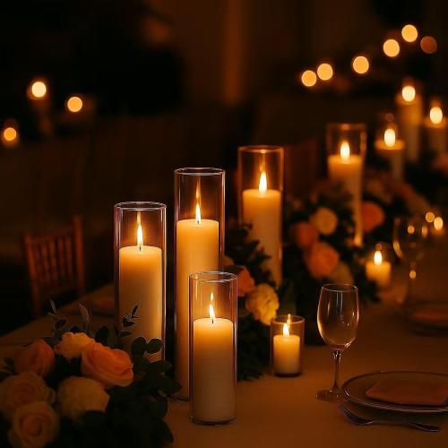 Set of 6 White Pillar Candles with Clear Glass Hurricane Holders- Elegant Cylinder Candle Vases for Weddings, Parties, Centerpieces, Home & Office Decor (White, 6 Set)