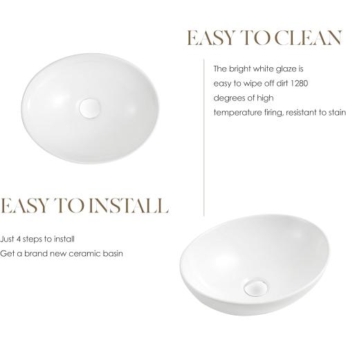 16'' X 13'' Oval Bathroom Vessel Sink,Ceramic Bathroom Sink Bowl, Countertop Modern Egg Shape Above Counter White Vessel Sink Bowl,Porcelain Ceramic Art Basin（LA-2215）