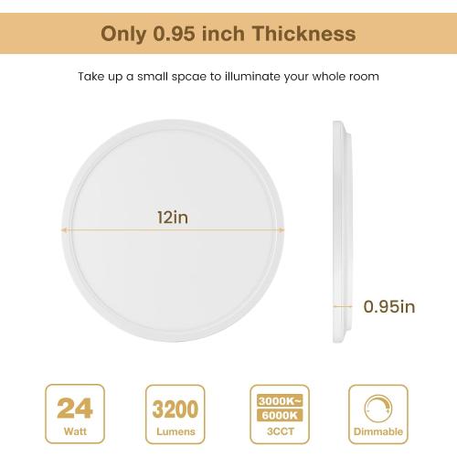Super Slim 3200LM 12Inch LED Ceiling Lights Flush Mount, Dimmable 3000K 4500K 6000K CCT, Low Profile Surface Mount Light Fixtures, 24W Thin Flat LED Panel Lights for Bedroom Bathroom Kitchen, 2 Packs