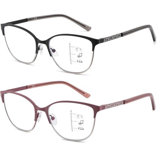 Progressive Multifocal Reading Glasses Women Cat Eye No Line Multifocus Transition Blue Light Reader Lady Metal Frame
