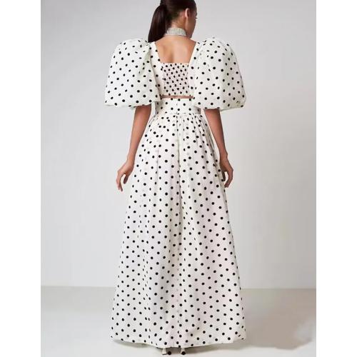 Size S...Maxi Polka Dot Dress for Women High Slit Corset Dress Lantern Sleeve Prom Dress Short Sleeve Backless Dress