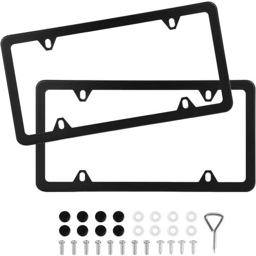 4 Pack Black License Plate Frames, Stainless Steel License Plate Cover, Matte License Plate Holder Car Accessories with Screw Caps (4 Holes)
