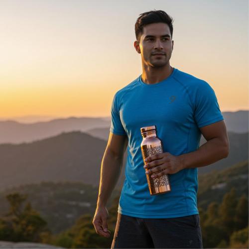 34oz Aquatic DARK EMBOSSED Ayurvedic Copper Water Bottle 34oz - Pure Copper Bottle for Sports, Fitness, Yoga - Natural Health Benefits - Made in India