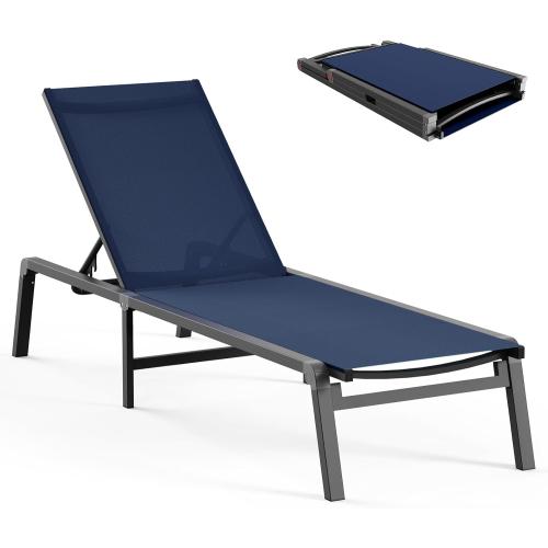Aluminum Chaise Lounge Ourdoor - Foldable & Assemble Free Outdoor Lounge Chair with 5 Adjustable Backrest, Patio Lounge Chair for Outside Poolside Beach Pool, Navy Blue