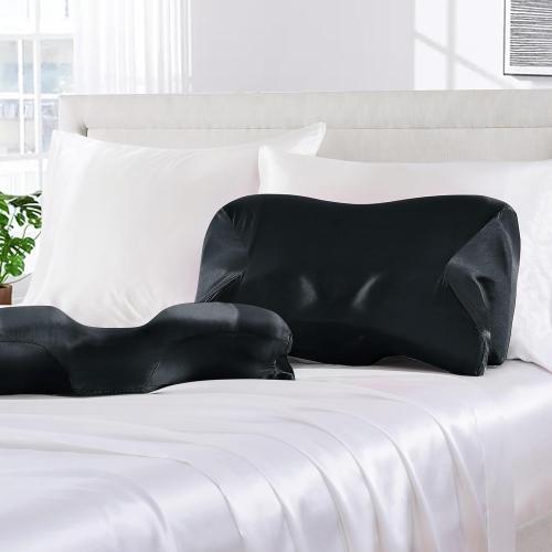 2 Pcs Satin Pillowcase for Cervical Pillow, Black Silky Cervical Pillow Case Contour Pillow Case Cover with Zipper, Smooth Ergonomic Pillowcase for Neck Pillow Cover