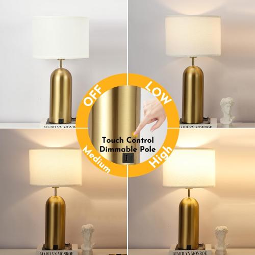Gold Lamps Set of 2 Touch Control 3-Way Dimmable Bedside Nightstand Lamps Bedroom Lamps Modern White& Gold Table Lamp with USB Type C Ports Tall Lamps for Living Room End Table Home Office