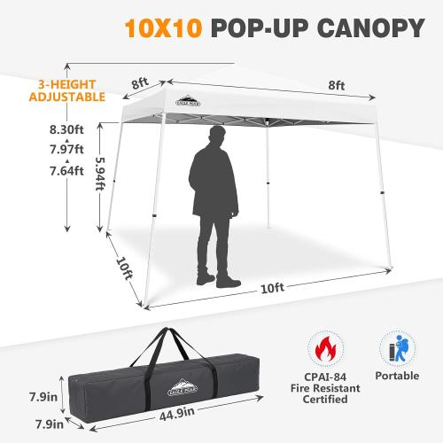 EAGLE PEAK 10x10 Slant Leg Pop-up Canopy Tent Easy One Person Setup Instant Outdoor Beach Canopy Folding Portable Sports Shelter 10x10 Base 8x8 Top (White)