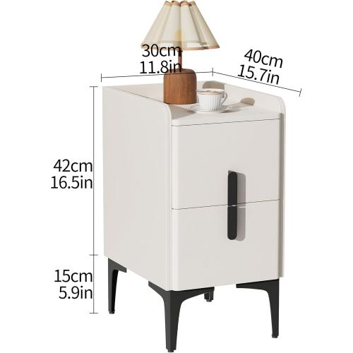 VICITON Narrow Nightstand with 2 Drawers, Narrow Side Table Leather Surface, Slim Bedside Table for Bedrooms, Dormitories, Living Rooms (Cream White, 15.7 D x 11.8 W x 22.4 H)