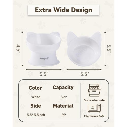 MateeyLife Raised Cat Bowls, Cat Food Bowl Elevated for Kittens & Small Dogs, 15°Tilted Protect Pets' Neck and Anti Vomiting, Whisker Friendly Food & Water Feeding Bowl, 6 oz Each - White