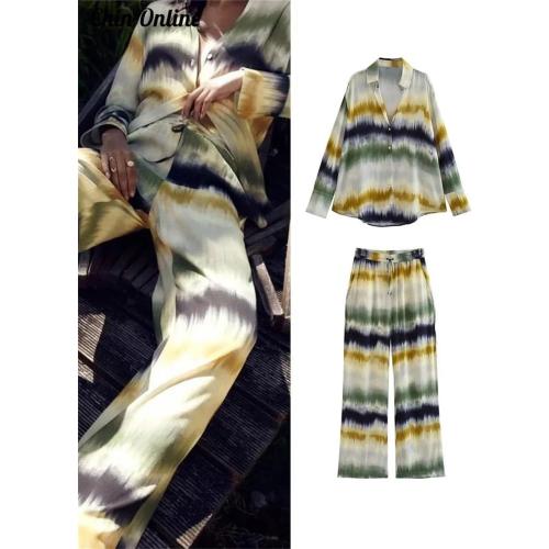 SOZE L...Fulbant Women Tie Dye Pants Set Shirts Long Sleeve Casual Sets Straight Trousers Single Breasted Tops Loose Outfits