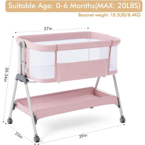 ANGELBLISS Baby Bassinet Bedside Sleeper, Easy Folding Portable Bassinet for Baby Girl with Wheels, Adjustable Height, Included Mattress (Pink)