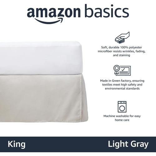 King size Amazon Basics Lightweight Pleated King Size Bed Skirt, Fade Resistant, Machine Washable, King, Light Grey, Solid