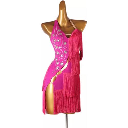 Sleeveless Latin Dance Dresses for Woman Salsa Dance Costumes with Rhinestones Professional Tango Competition Skirt  pink ? small