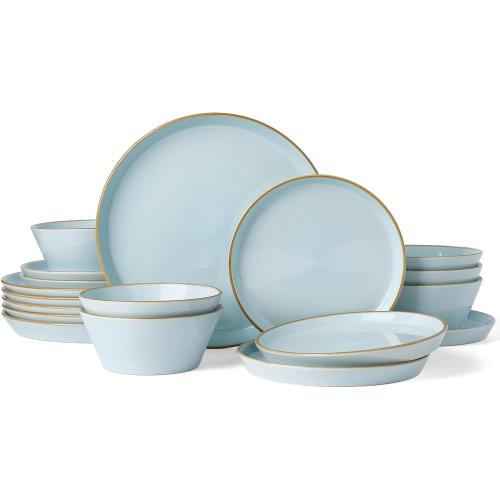 Famiware Saturn Plates and Bowls Dish Set Stoneware Dinnerware Set with Hand-Painted Trim - Chip & Scratch Resistant, Microwave & Dishwasher Safe Ceramic Dishes, Light Blue