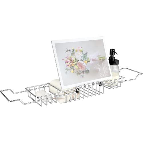 HOMEE Bathtub Tray - Stainless Steel Shower Caddy Tray with Removable Book Holder, European Style Extendable Bathtub Caddy Tray for Shower Bath Phone IPad Book Holder Candleholder Table Shelf - Sliver