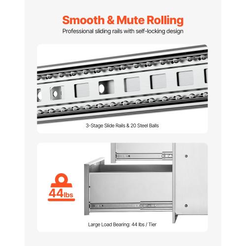 VEVOR  Outdoor Kitchen Drawers Stainless Steel, Flush Mount Triple Drawer, with Stainless Steel Handle, BBQ Drawers for Outdoor Kitchens or BBQ Island