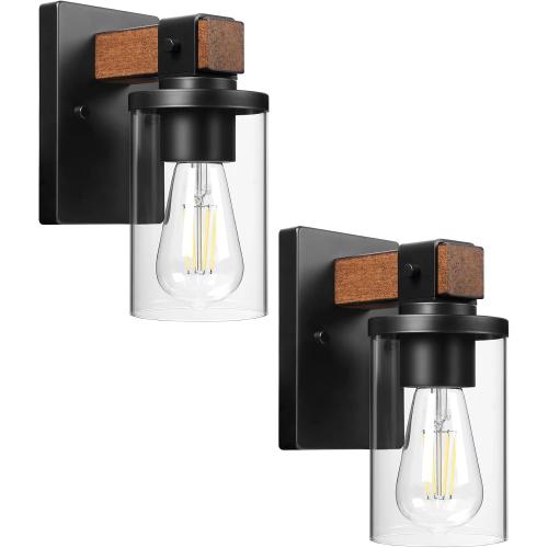 1-Light Wall Sconces Set of 2, Farmhouse Bathroom Vanity Light Fixtures, Wood Grain Black Wall Mount Light with Clear Glass Shade for Living Room Hallway Bedroom, ETL Listed