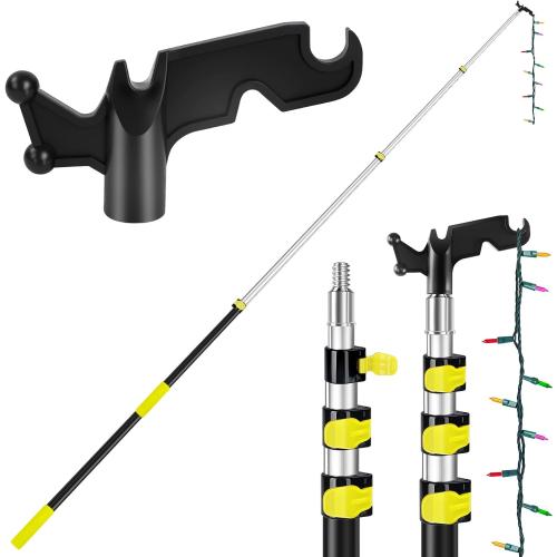 UQM 12 Ft Telescopic Extension Pole with Utility Hook, Telescoping Pole for Hanging Christmas Lights String Lights Birdfeeder, Heavy-Duty Christmas Light Pole Hanger Tool Tree Without Ladder