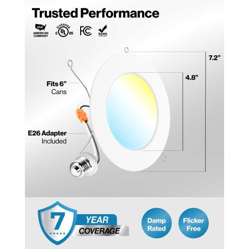 WHITE Sunco Retrofit LED Recessed Lighting 6 Inch, Can Lights for Ceiling, 1200 LM, 15W, Selectable CCT 2700K/3000K/4000K/5000K/6000K, Dimmable, Ultra Thin Flat Light Fixture UL 4 Pack.