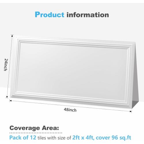Art3d Drop Ceiling Tiles 48x24, Decorative PVC Ceiling Panels, Waterproof Rustproof and Durable 12-Pack, Glue Down, Rectangular White