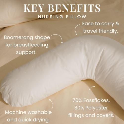 Nursing pillow with a 100% cotton satin cover. Firm maternity pillow for breastfeeding and support. Multi-purpose comfort during pregnancy and postpartum. Boomerang design by Nordic Sleep.