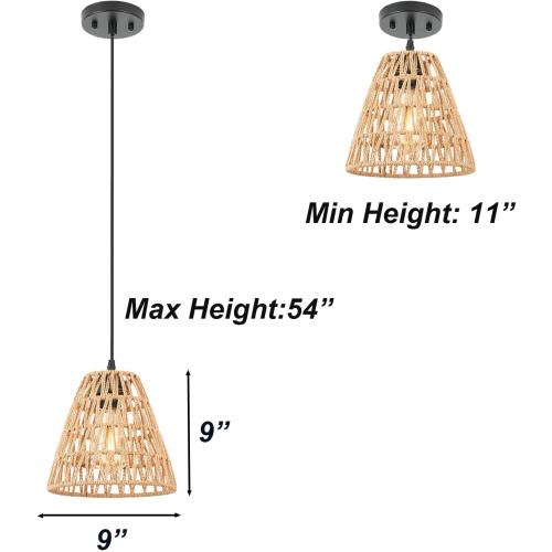 3-Pack Rattan Kitchen Island Pendant Light Fixtures, 9 Boho Farmhouse Hand-Woven Wicker Cone Hanging Ceiling Lights, Adjustable Height for Dining Room, Hallway EH66185P3